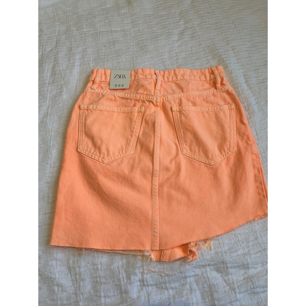 NWT - Zara Distressed Asymmetrical Denim Short Skirt Womens XS Neon Orange - Picture 6 of 7